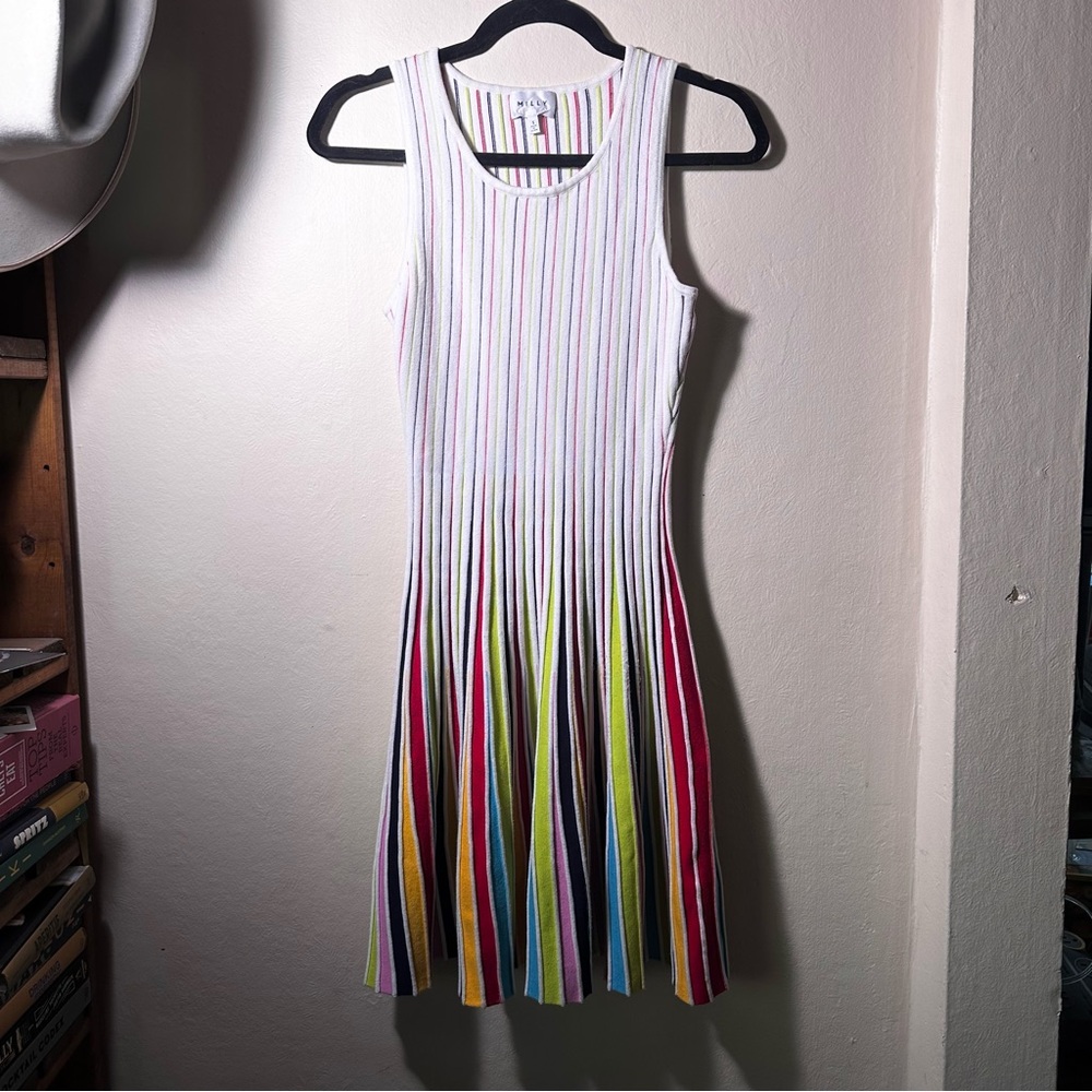MILLY Godet Stripe Fit & Flare Dress Multicolor Small